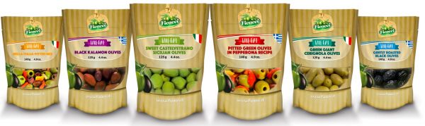 Ficacci Take Eat Doypack: Variety of olives including Bella Italia mix, Kalamon, Castelvetrano, Cerignola, and roasted black olives.
