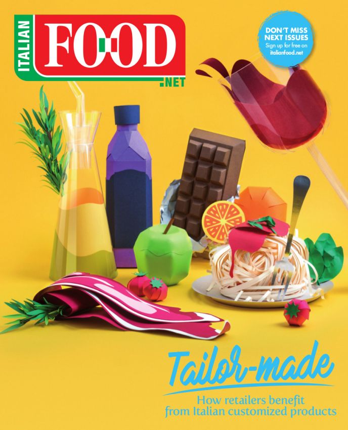 Italian Food Net magazine cover, issue 3, 2017. Features paper-crafted food items: pasta, chocolate, fruit, and beverages. Tailor-made Italian products.