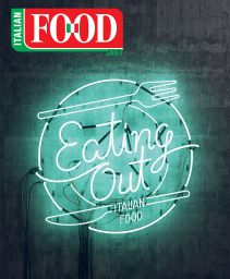 Italian Food .net magazine cover. Eating Out neon sign with fork and knife. Issue 2-2018.