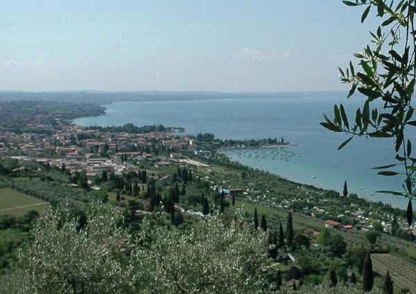 Lake Garda view in Lombardy, Italy. Olive trees, town, and boats on the water. Flavours of Lombardy.