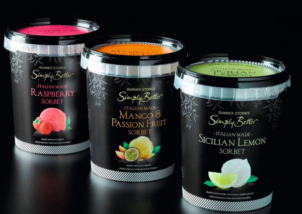 Dunnes Stores Simply Better sorbet. Raspberry, mango & passion fruit, Sicilian lemon flavors. Private label gelato in Ireland.
