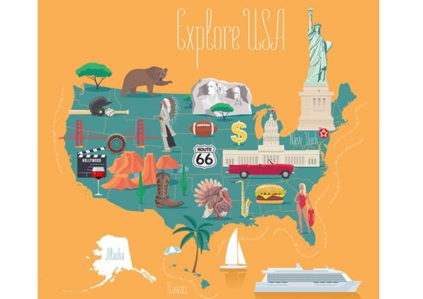 Explore USA map with landmarks. Statue of Liberty, Hollywood sign, Mount Rushmore, Route 66, and cruise ship. Travel the USA.