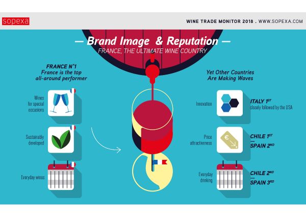 Wine trends infographic: France wine brand image and reputation. Italy, Chile and Spain wine market share.