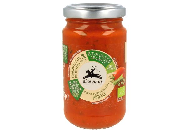 Alce Nero organic tomato sauce with peas in glass jar. Clean label pasta sauce.
