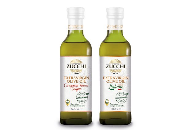 Zucchi olive oil bottles. Extra virgin olive oil, sustainable sourcing.