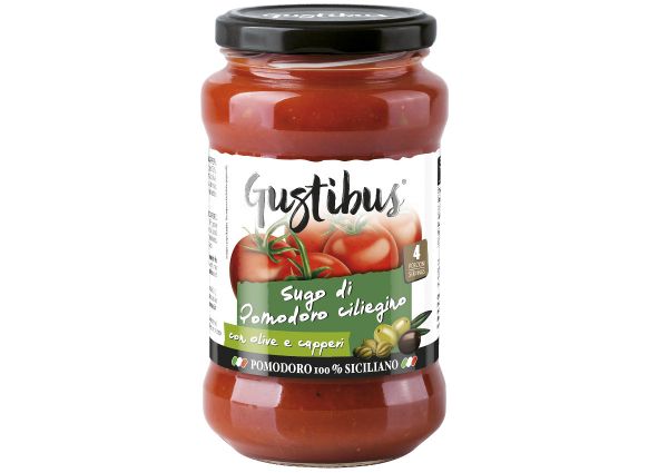 Gustibus Sugo Tomato Sauce. Jar of cherry tomato sauce with olives and capers. Versatile, clean label sauce.