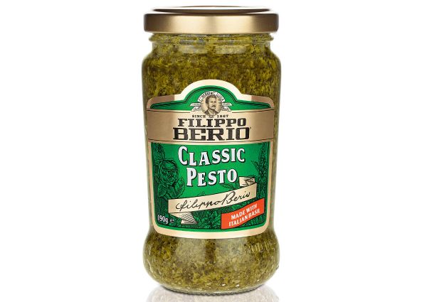 Filippo Berio Classic Pesto in a jar. Made with Italian basil, this pesto sauce is versatile and has a clean label.