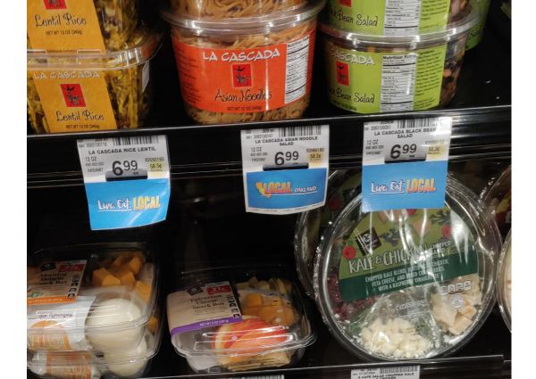 Safeway Italian food products: La Cascada lentil rice, Asian noodles, black bean salad, kale & chicken salad, cheese snack box.
