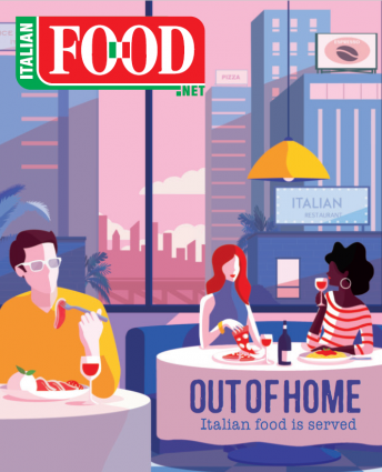 Italian Food Net magazine cover, 2019. People dining out, enjoying Italian cuisine.