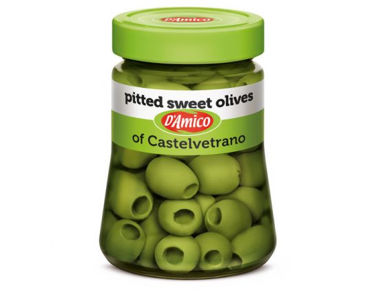 Jar of D'Amico pitted sweet Castelvetrano olives, a pickled vegetable from Italy.