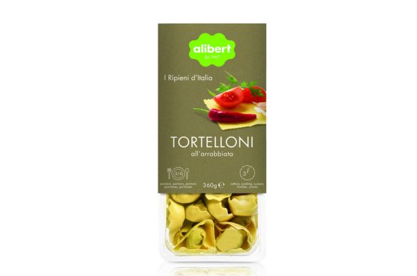 Alibert Tortelloni all'arrabbiata. Italian fresh pasta filled with tomato and chili. Ready in 3 minutes.