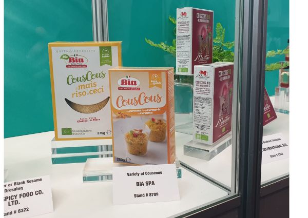 Italian food products: Couscous by Bia SPA and Martino. PLMA Idea Supermarket display of new food items. Variety of couscous.