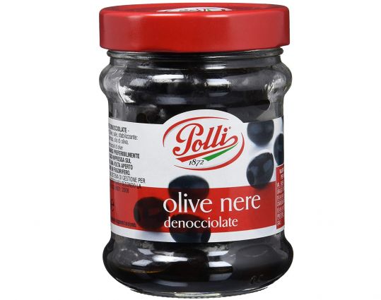 Polli black olives in a jar. Italian pickled vegetables, quality food.