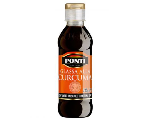 Ponti Turmeric Glaze. Bottle of Italian balsamic vinegar with turmeric.