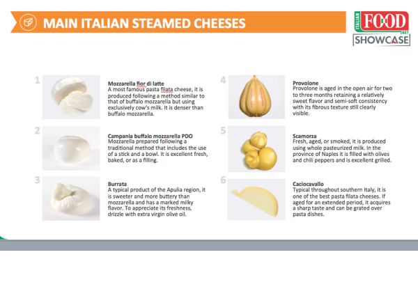 Italian steamed cheeses: Mozzarella, Burrata, Provolone, Scamorza, Caciocavallo. Pasta filata cheeses from Italy.
