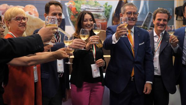 Italian Food Awards USA 2019 winners toasting with wine. Italian cuisine celebration.