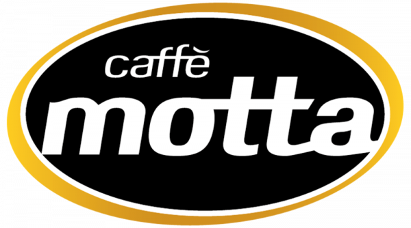 Caffè Motta logo. Black oval with gold trim, featuring caffè motta in stylized white font. Coffee brand.