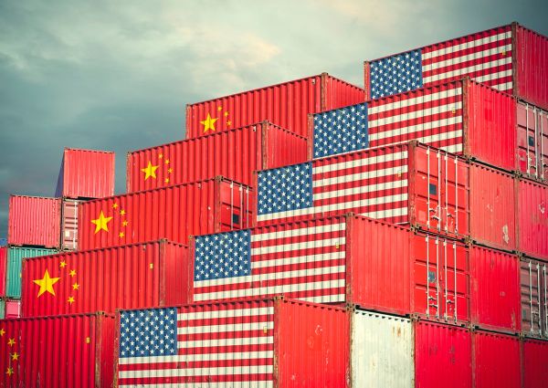 USA China trade war. Shipping containers with USA and China flags. Duties, tariffs, and global trade concept.