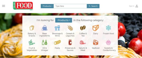 Italian Food Net homepage. Browse products: bakery, pasta, coffee, dairy, fruit, and more.