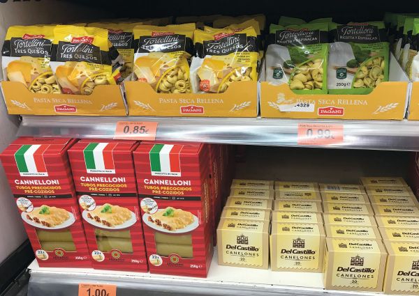 Mercadona Italian food: Tortellini and cannelloni pasta on a shelf. Filled pasta, Italian cuisine.