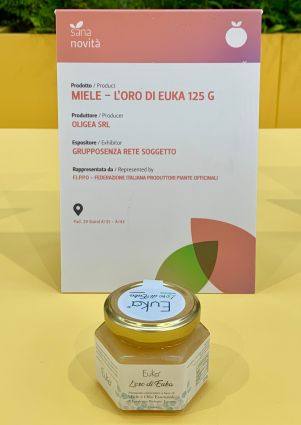 Italian organic honey Euka L'oro di Euka from SANA 2019. Euka honey jar.