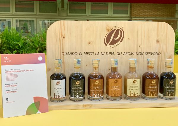 SANA 2019: Caffe Pazzini organic Italian liqueurs. Flavors include coffee, chocolate, and licorice.