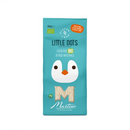 Gluten-free Little Dots couscous. Martino brand rice couscous in a blue package with a penguin design.