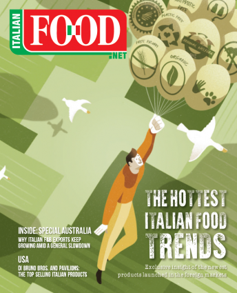 Italian Food magazine cover. Man flying with organic balloons, food trends.