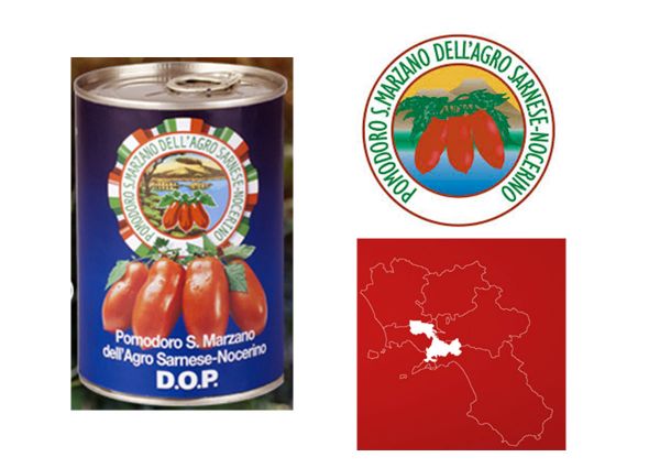 Authentic San Marzano tomatoes. Canned Pomodoro S. Marzano dell'Agro Sarnese-Nocerino D.O.P. with region map.
