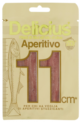 Delicius anchovy fillets in olive oil. Italian food award finalist. Anchovies in reduced oil content PET pouch.