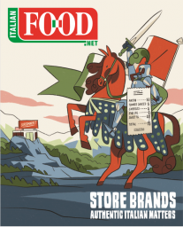 Italian Food .net magazine cover: Knight on horse with grocery receipt. Authentic Italian matters.