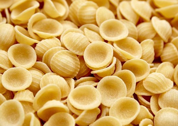 Close-up of Orecchiette pasta. Italian pasta in a shell shape.
