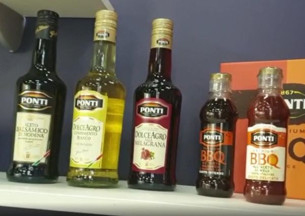 Ponti premium high-quality balsamic vinegar and BBQ sauce bottles. Italian condiment selection.