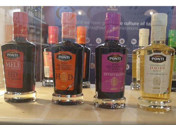 Ponti premium balsamic vinegar and Italian condiment bottles. High-quality Modena vinegar.
