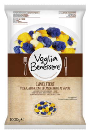 Rainbow Cauliflower by Gias. Italian Food Awards 2019 finalist. Frozen vegetables: purple, orange, and white cauliflower.