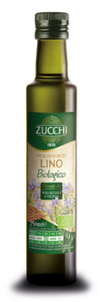 Zucchi organic linseed oil bottle. Italian Food Awards 2019 winner.
