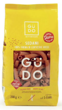 Gudo Sedani pasta made with 100% red lentil flour. Gluten-free Italian food.