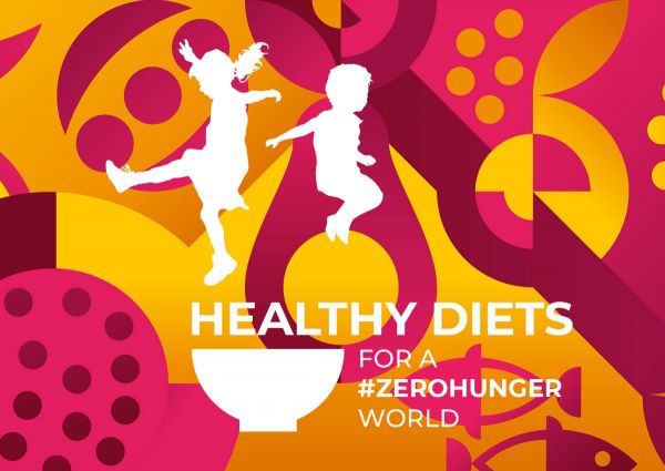 World Food Day graphic with kids, bowl, and #ZeroHunger text. Promotes healthy diets for a hunger-free world.