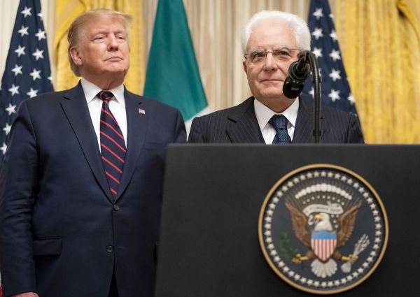 Trump and Mattarella at White House amid US tariffs review on Italy. US-Italy trade relations.