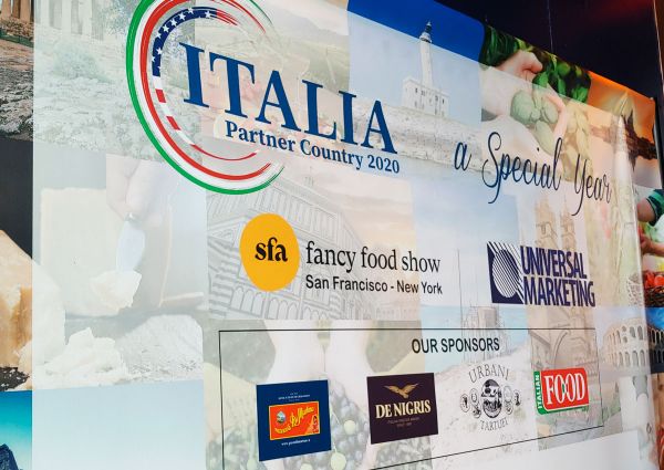 Italy at Fancy Food Shows 2020. Italian Partner Country. Featuring logos of sponsors and food brands.