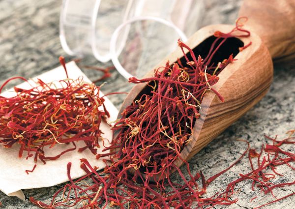 Abruzzi food: Saffron threads in a wooden scoop. Italian spice used in regional cuisine and wine.