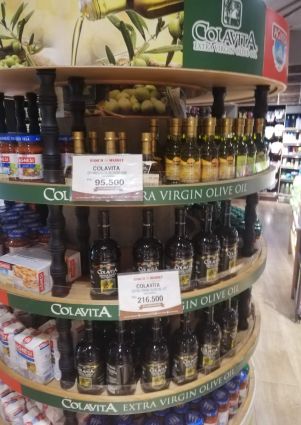 Colavita extra virgin olive oil display at 99 Ranch Market in Jakarta.
