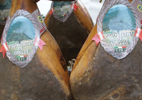 Prosciutto di Norcia, a cured ham from Umbria, Italy. Gastronomic food trip.