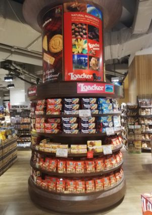 Loacker wafers display at 99 Ranch Market in Jakarta. Aisle dedicated to Loacker wafers and Walkers shortbread cookies.