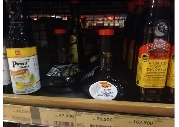 Monari Federzoni balsamic vinegar and Ponzu sauce at 99 Ranch Market in Jakarta.