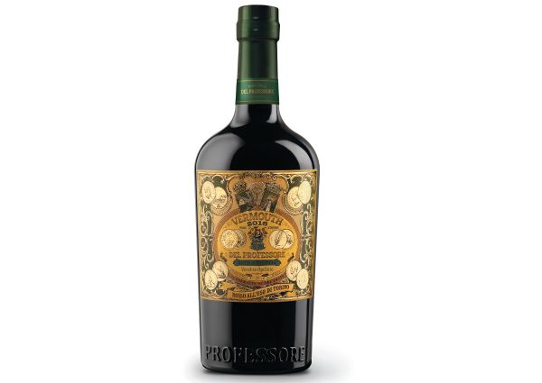 Del Professore Rosso Vermouth bottle. Italian vermouth with a green bottle and ornate gold label.