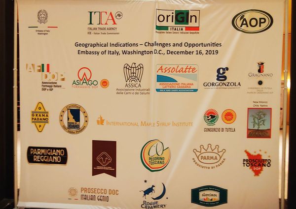 Geographical indications banner featuring Italian food logos: Parmigiano Reggiano, Grana Padano, Gorgonzola, and Prosecco DOC.