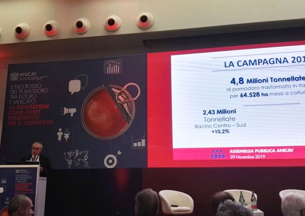 Italian processed tomato exports presentation. Anicav data on tomato production.