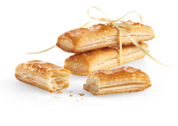 Vicenzi Millefoglie. Stack of Italian puff pastry cookies tied with a ribbon. Sweet dessert.