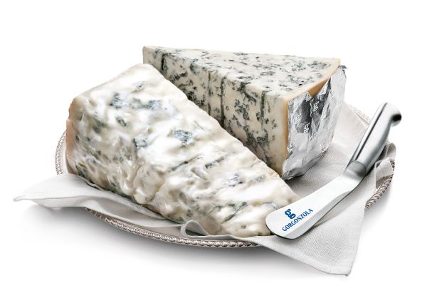 Gorgonzola PDO blue cheese wedges on a silver platter with a Gorgonzola cheese knife.